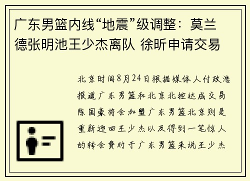 广东男篮内线“地震”级调整：莫兰德张明池王少杰离队 徐昕申请交易